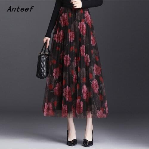 Mesh vintage floral high waist pleated spring summer casual loose long for woman skirts womens 2021 skirt clothes