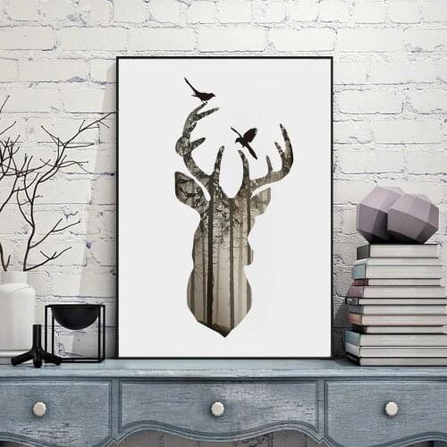 Silhouette of deer head with pine forest Canvas Art Print Painting Poster, Wall Picture for Home Decoration, Home Decor FA396-5