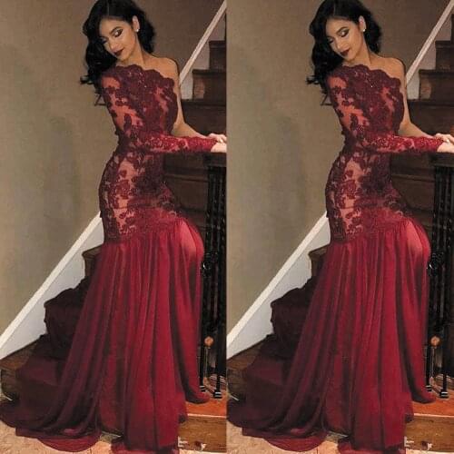 SuperKimJo One Shoulder Evening Dress Lace Applique Burgundy Beaded Mermaid Elegant Evening Gowns Vestidos Elegantes