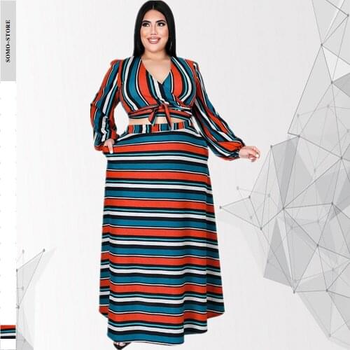 Plus Size Womens Clothing Autumn 2021 Sexy V Collar Bandage Tops Striped Loose Elegant Long Skirts Sets Wholesale Dropshipping