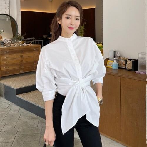 Korean White Blouse Women Single Breasted Shirts Tops Long Sleeve Cotton Casual Bow Lace Up Designer Loose Elegant Office C239