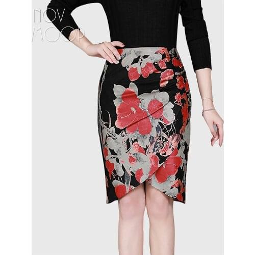 Korean style women red floral print black genuine leather real lambskin pencil skirt faldas mujer etek jupe plus size LT2602