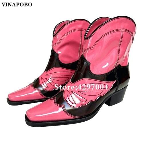 Genuine Leather Boots Women Pointed Toe Mid Heel Ankle Boots Thick Square Heel Slip On Western Boots Cowboy Boots Women 2020 New