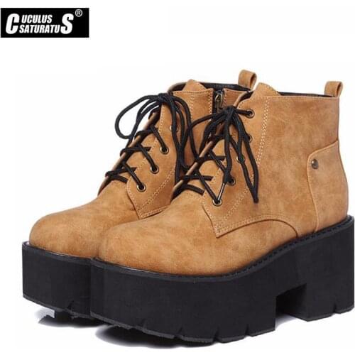 Cuculus punk boots women ladies platform boots High Heel winter shoes motorcycle Ankle Boots waterproof snow boots lace up 2002