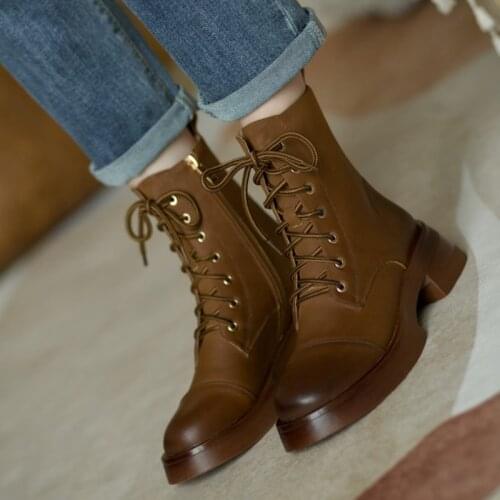 2021 Winter Women Shoes Round Toe Thick Heel Boots Women Genuine Leather Women Boots Solid Women Designer Boots Fall Shoes Women