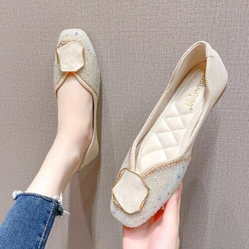 Fashion Square Button Luxury Rhinestone Women Flats Female Wedding Party Work Shoes High Quality Shallow Flat Shoes