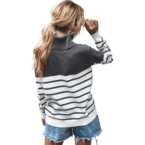 Ele-Choices Women Casual Autumn Winter Turtle Neck Stripes Slim Sweater Pullover Jumper