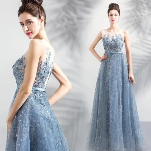 Beauty-Emily O Neck A-line Evening Dresses 2020 Elegant Beading Crystal Formal Party Gowns Sequins Prom Dress Autumn Woman Dress
