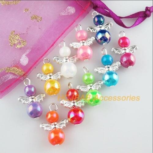 20Pcs Silver Plated Angel Mixed Acrylic Ball Charms Pendants 14x22mm