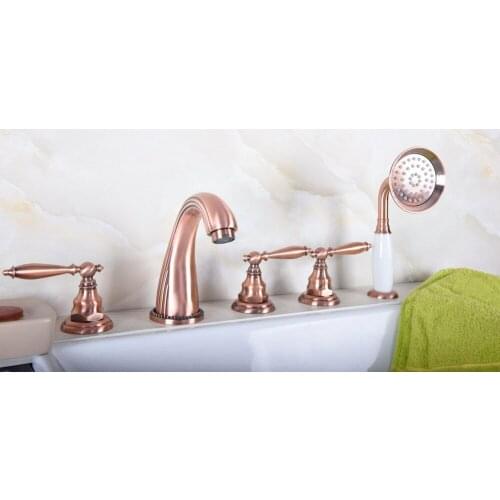 Antique Red Copper Brass Widespread 5 Hole Bathroom Roman Tub Bath Faucet with Telephone Style Hand Held Shower Head atf184