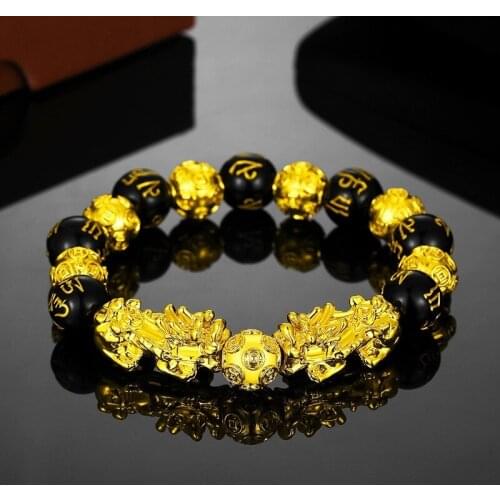 Pixiu Bracelet Vietnam Shajin Pixiu Bracelet Imitation 3D Hard Gold 99 Obsidian Lucky Buddha Bead Jewelry Does Not Fade Forever