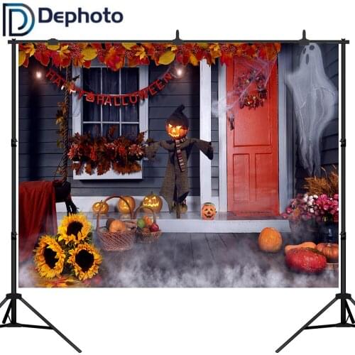 Dephoto Photography Background Photophone Halloween Pumpkin Wood House Scarecrow Sunflower Backdrop Photo Studio Photocall