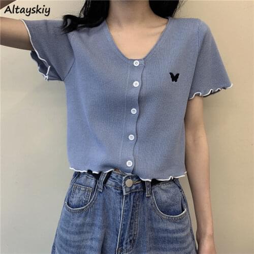 Short Sleeve Cardigan Women V-neck Butterfly Embroidery Leisure Slim Slender Exquisite Females Jumpers Knitted Crop Tops Ulzzang