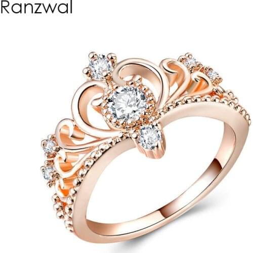 Ranzwal Fashion Rose Gold Crown Rings for Women Elegant Cubic Zircon Ring Female Jewelry US SIZE 6~10