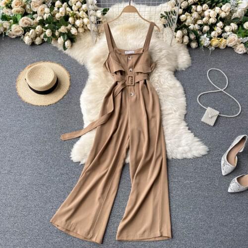 Retro Overalls Womens Temperament Square Collar Buttoned Slim Wide-leg Pants Womens Holiday Style Suspenders Jumpsuit GK842