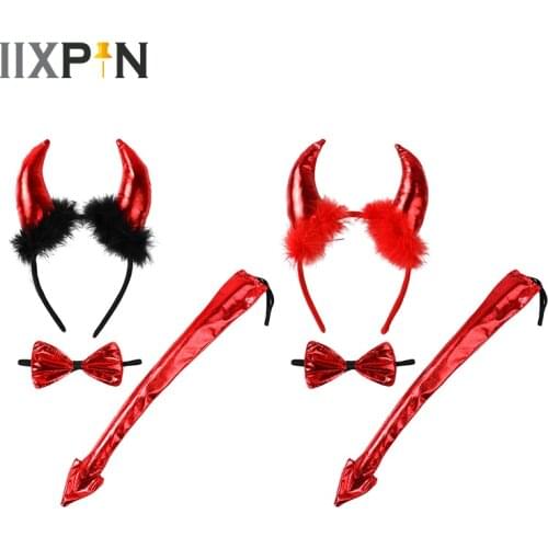 Halloween Christmas Costume Set Tail Devil Horn Red Headband Kit Performance Hair Accessories Cosplay