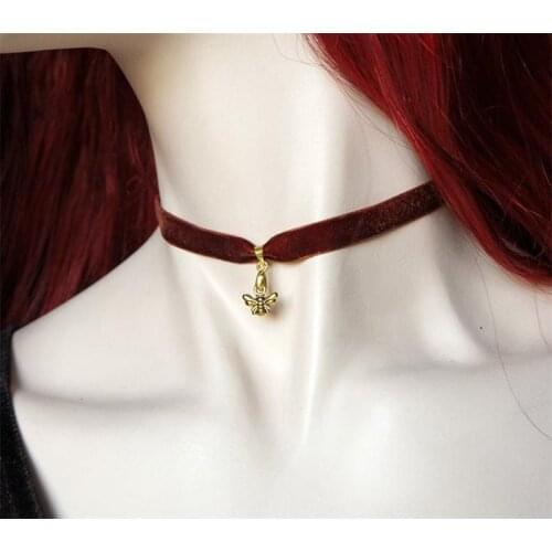 Brown Velvet Choker Gold Bee Velvet Collar Bee Charm Nature Necklace Witch Jewelry Bee Necklace Choker Necklace