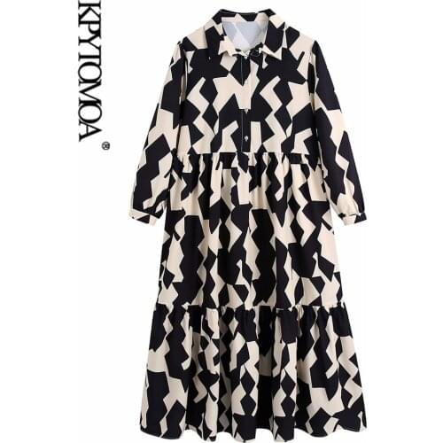 KPYTOMOA Women 2021 Fashion Geometric Print Ruffled Midi Dress Vintage Three Quarter Sleeve Button-up Female Dresses Vestidos