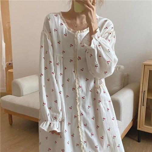 Lace Ruffles Nightgown Kawaii Sleepwear Cherry Print Homewear Spring Long Midi Dress Loose Soft Cotton Pajamas Cute Korean 2021