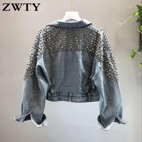 ZWTY Womens Denim Jacket With Rivet Spring Autumn Streetwear Long Sleeve Pockets Ladies Jean Jackets Loose Short Outwear Femme