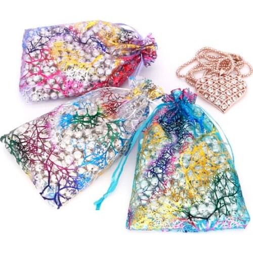 Hot Sale 100pcs/lot Coral Design Organza Bags 7x9 9x12 13x18cm Candy Jewelry Packaging Bags Christmas Drawstring Pouch Gift Bag