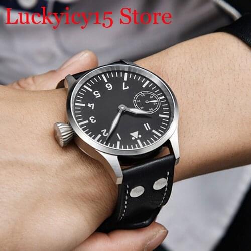 Fashion Nologo Mechanical Hand Winding Black Nologo Dial 44mm Brushed Case Luminous Hand 6497 Movement