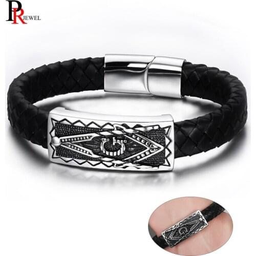 Punk Masonic Bracelets for Men Stylish Black Genuine Leather Wrap Bracelet Bangle 8.66" pulseira masculina
