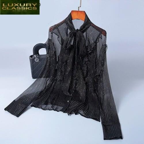 Striped Silk Shirt Perspective Womens Tops and Blouses Long Sleeve Shirts Spring Summer Black Blouse Blusas 2021 LWL1625