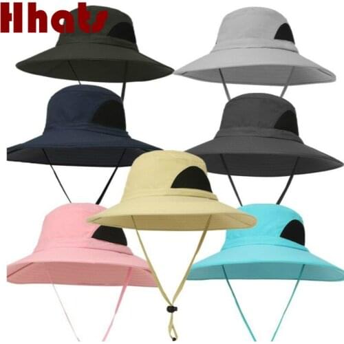 Casual breathable mesh fishing hat with string men wide brim bucket hat women solid large brimmed summer sun panama beach hat