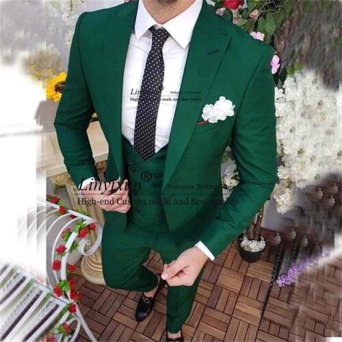 Casual Green Men Slim Fit Suits Peaked Lapel Groom Wedding Tuxedos Business Blazer 3 Pieces Jacket Pants Vest Set Costume Homme