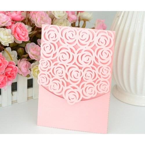 Hand-made luxurious pocket romantic pink color beautiful rose type wedding invitation cards