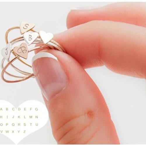 Hand Stamped Stacking A-Z 26 Letters Initial Name Tiny Heart Rings For Women Gold Color Finger Ring Jewelry Minimalist Gift