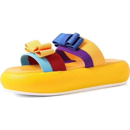 Slippers women 2019 Summer Mixed Colors Canvas Bow Thick Sole Shoes Woman fashion lady Slipper