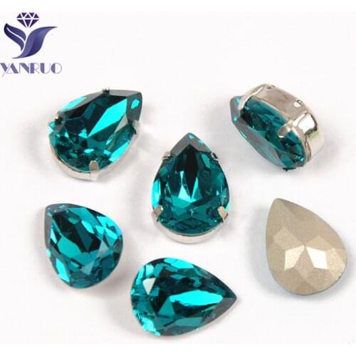 YANRUO 4320 Drop Blue Zircon K9 Crystal Top Diamond Glass Sewing Claws Applique Sew On Rhinestones Wedding Dress Decoration