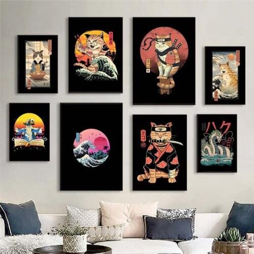 Japanese Samurai Cat Ramen Anime Home Decoration Art Decoration HD Quality Cartoon Painting Animal Poster Canvas