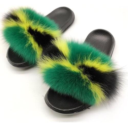 Womens New Fox Fur Slides Sexy Home Plush Flip Flops Plus Size Soft EVA Flats Female Furry Real Fox Hair Non-slip Slippers