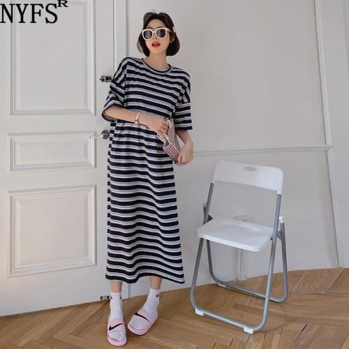 NYFS 2021 Korean New Loose Rainbow Stripes Woman Dress Vestidos Robe Elbise Fashion Short Sleeve Summer Dress