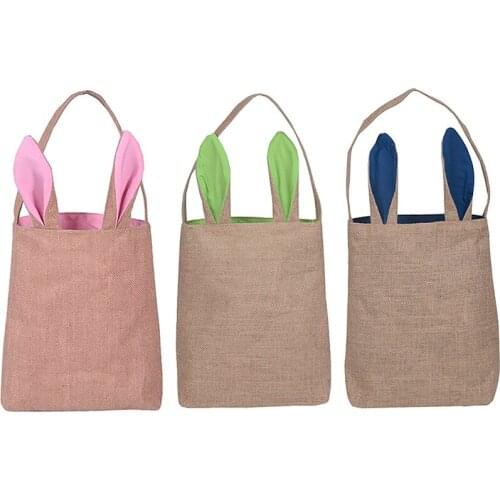 3 Pack Easter Bunny Bags Easter Bunny Baskets Jute Burlap Dual Layer Bunny Ear Tote Bags