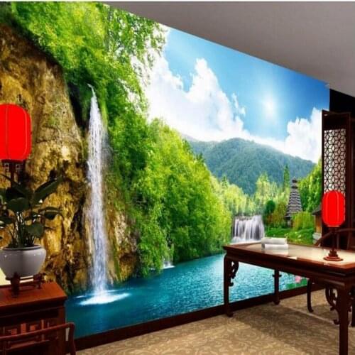 Beibehang 3D wallpaper mural custom silk cloth wall stickers 3D Mountain Waterfall Lake 3D photo mural painting wallpaper