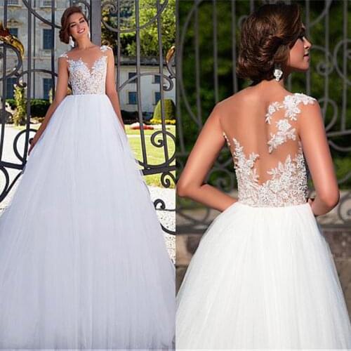 A-Line White Tulle Gowns Illusion Back appliques Wedding Dresses Jewel Neck 2020 Robe De Mariage