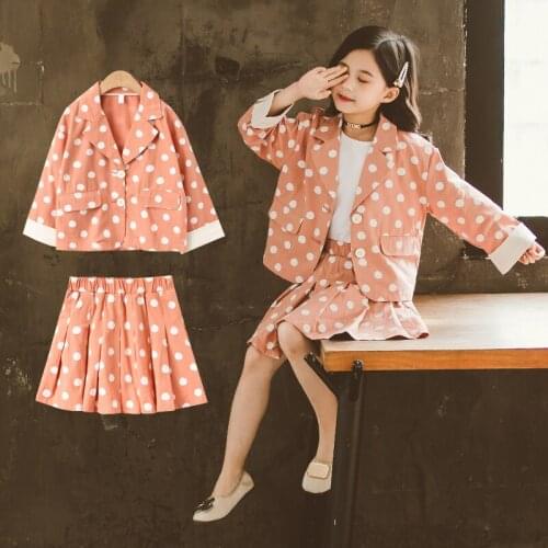 Teenage Girls Blazer Suit Fashion Dot Jackets + Skirts School Uniform Girls Clothes Children Formal Clothes Suit Set 4 7 9 11 12