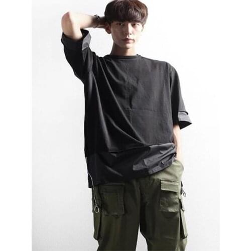 Mens summer classic casual black city youth solid color zipper decorated loose large size short sleeve T-shirt