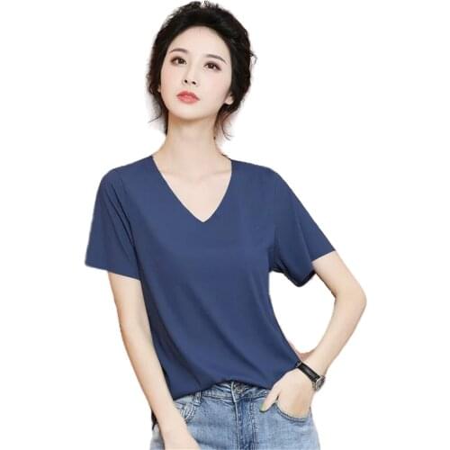 Womens Summer Ice Silk T-shirt Large Size Loose Youth Cool Thin Short Sleeve v-neck T-shirt Women Solid Color