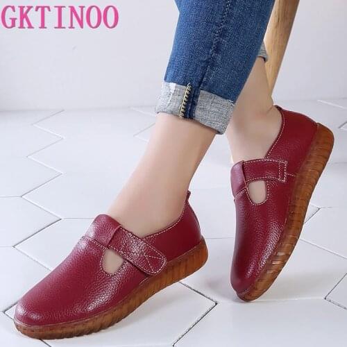 GKTINOO Womans Shoes Fashion 2020 Solid Hook & Loop Cozy Genuine Leather Shoes Women Rubber Hollow Soft Flat Shoes Women
