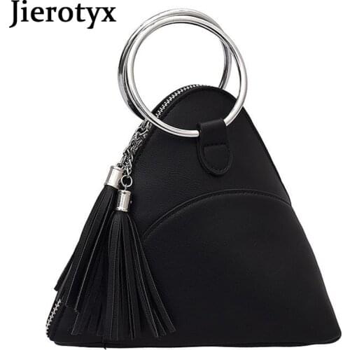JIEROTYX 2021 Summer Mini Tassel Women Handbags Round Buckles Clutch Bags Fashion Casual Simple Triangle PU Leather Wrist Clutch