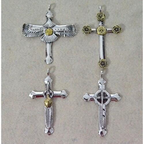 Hand-engraved Silver Point Gold Feather Cross Necklace Pendant