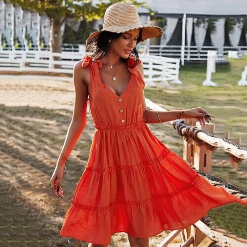 Ruffle Summer Dress Women Elegant Sexy Bow Tie Strap V-neck Buttons Sleeveless Boho Sundress Female High Waist A Line Mini Dress