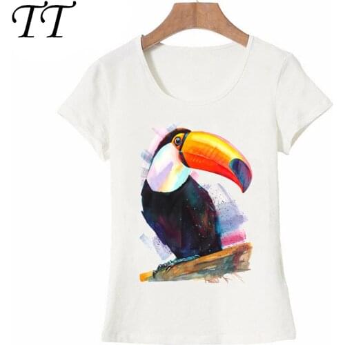 A very bright tropical toucan waiting watercolor print T-Shirt summer fashion Women t-shirt casual maiden Tops cute female Tee
