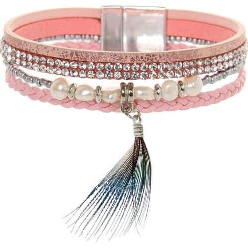 ORNAPEADIA Fashion Bracelet for Women Leather Bohemian Bracelet Multi-layer Narrow Pearl Feather Wholesale Jewelry Bangles