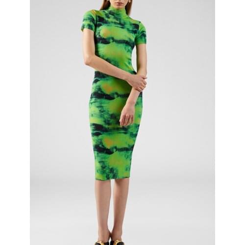 Autumn 8.26 2021 Early New Fashion Elegant High Neck Tie-dye Embroidery Printing Slim Silk Wool Knitted Dress Women